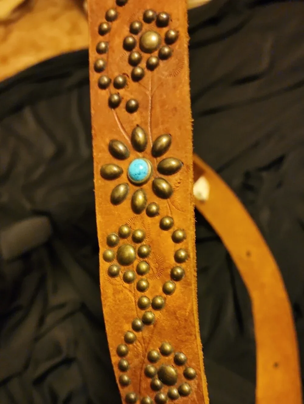 Women's Brown Leather Studded Belt with Turquoise Accents